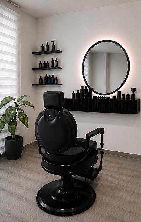 Sillón negro de barbero frente a un espejo redondo con luz, con estantes de productos